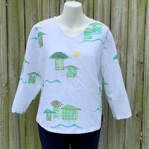 Hot COTTON (PS) linen/cotton white&greens pullover